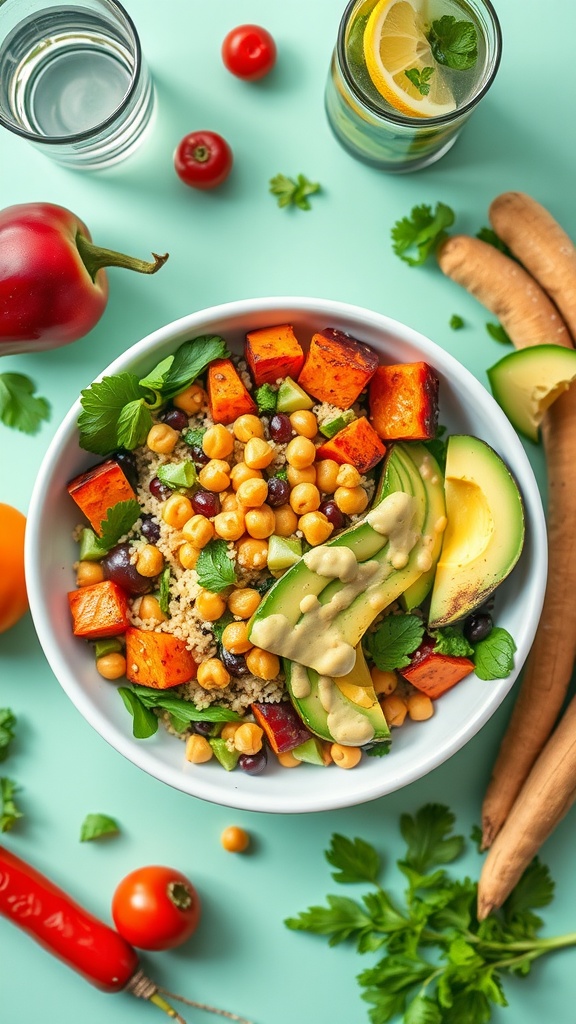 A display of colorful vegan meals including quinoa salad, roasted sweet potatoes, and fresh vegetables.
